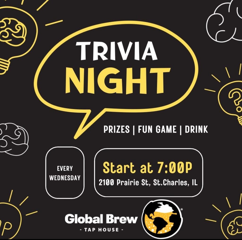 Event flyer for General Knowledge Trivia Night at Global Brew Tap House Saint Charles Illinois