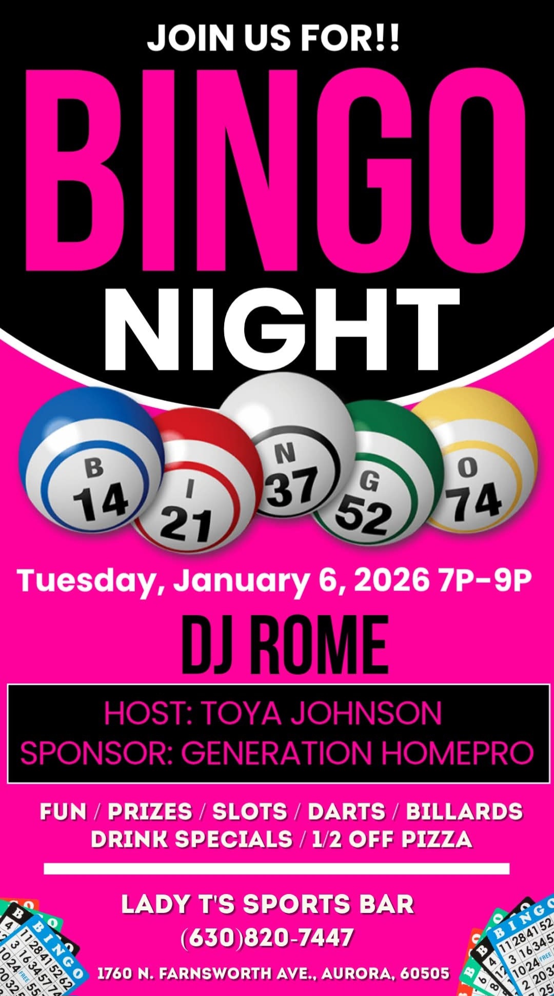 Lady T’s Sports Bar has Bingo Night